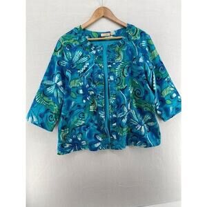 Choices Women's Size XL Blue Floral Open Jacket Beaded‎ 3/4 Sleeves